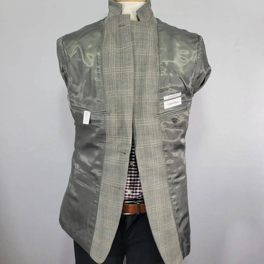 Calvin Klein Men's Sport Coat Blazer Gray Plaid Wool Linen Poly Extreme Slim 40R